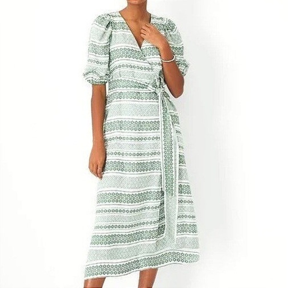 Ann Taylor Wrap Midi Dress Women's Large Green White Floral Puffy Sleeve